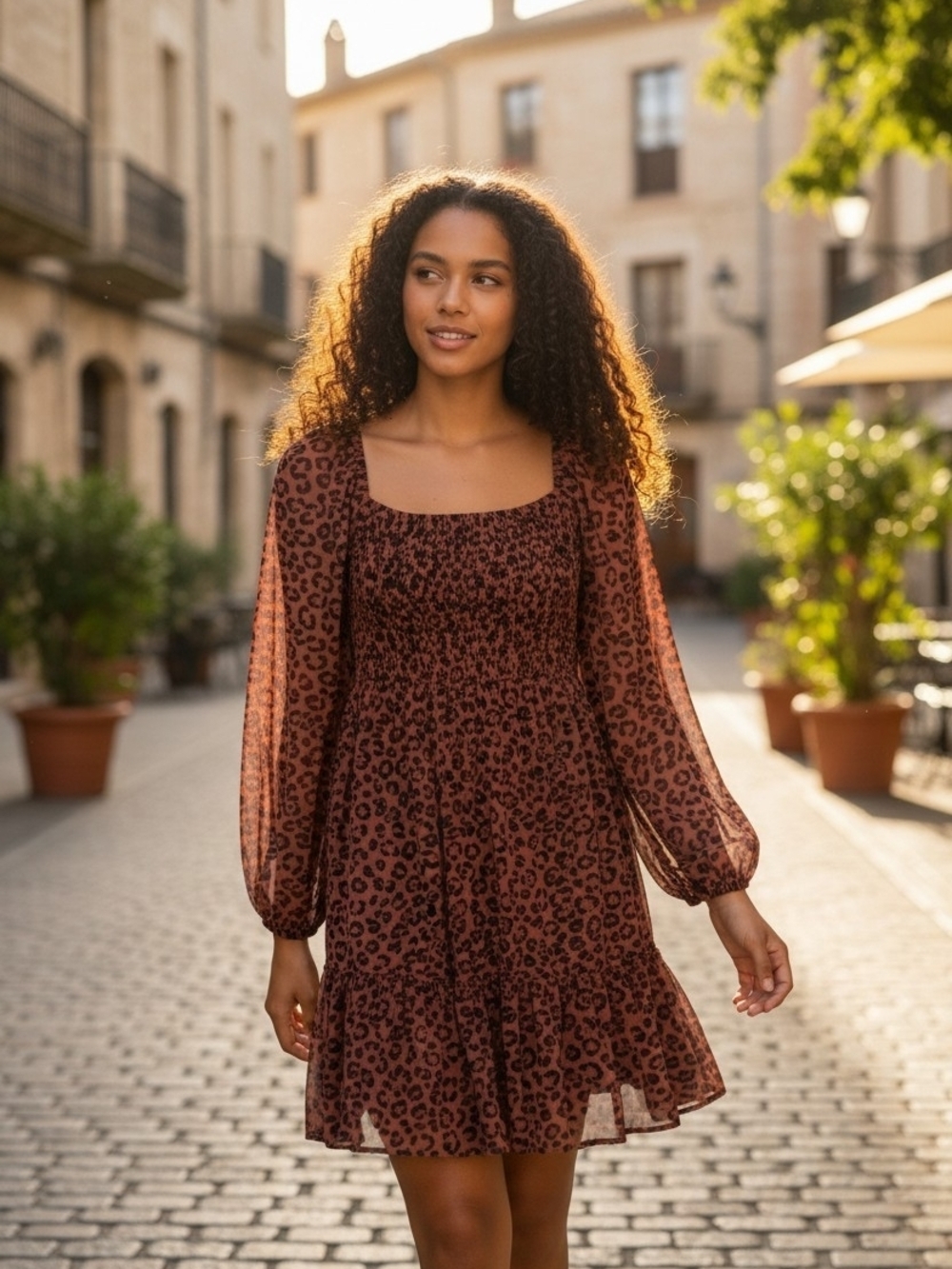 Just...Taylor Rust Brown Leopard-Print Long Sleeve Smocked Dress